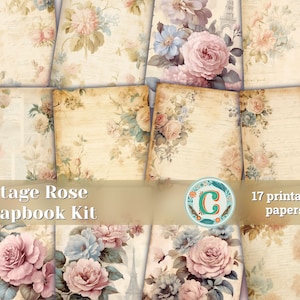 17 Papers | Vintage Rose Ephemera Scrapbooking Kit, Pastel Printable Papers for Junk Journal, Shabby Chic Victorian Love Letter Design