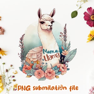 Mama Llama png, design de camiseta em aquarela, sublimação de lhama png, alpaca png, lhama floral png, lhama com flores png, dia das mães png