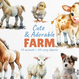 Ferme mignonne | Clipart pays aquarelle, cheval, vache, poulet, oie, amusement, petits bébés animaux de la ferme, ménage, baby shower, décoration de chambre d'enfant