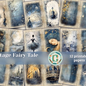 12 Papers | Vintage Fairy Tale Book Illustration Scrapbooking Paper, Delicate Ink Washes, Light Gold Elements, Romantic Scenery