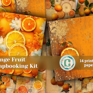 Kit de álbumes de recortes con textura de fruta naranja y 14 artículos: ideas de diseño vintage de alta resolución para revistas basura, invitaciones y arte de medios mixtos