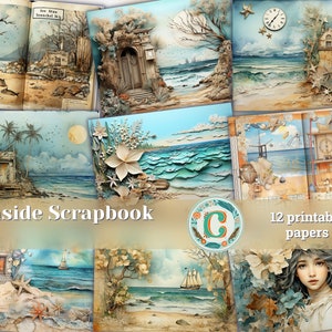 12 Papers | Sand and Sea Themed Junk Journal Background with Intricate Details and Colorful Clipart | Printable Scrapbooking Kit