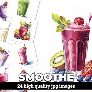 24 Watercolor Smoothie Clipart Illustrations with Commercial License - Fruit, Summer, Beverage, Food, Drink, Hand-painted, Digital Download