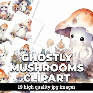 Cute Ghost and Mushrooms Watercolor Clipart - 19 JPG Images, Commercial License Included for Halloween, Autumn, and Spooky Designs