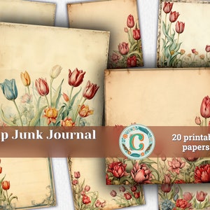 Papiers de scrapbooking vintage avec une belle bordure tulipe - aquarelle, détails élevés, peints à la main - éphémères shabby chic pour journaux indésirables