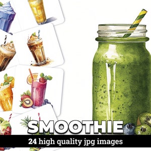24 illustrazioni clipart di frullato ad acquerello con licenza commerciale, frutta, estate, bevande, cibo, bevande, dipinte a mano, download digitale