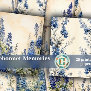 Papier peint scrapbooking vintage avec belle bordure Bluebonnet - aquarelle, motifs peints à la main pour le scrapbooking, journaux indésirables