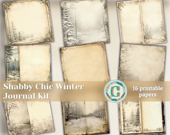 Vintage Winter Wonderland Shabby Chic Double Junk Journal Pages - Printable Scrapbooking Kit with Woods Border - Journaling, Junk Journals