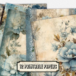 12 gedempte blauwe dagboekpagina's, ongewenste dagboekkit, basispapieren, afdrukbare shabbypagina's, Rose Paper Vintage, collageblad, plakboekpapier