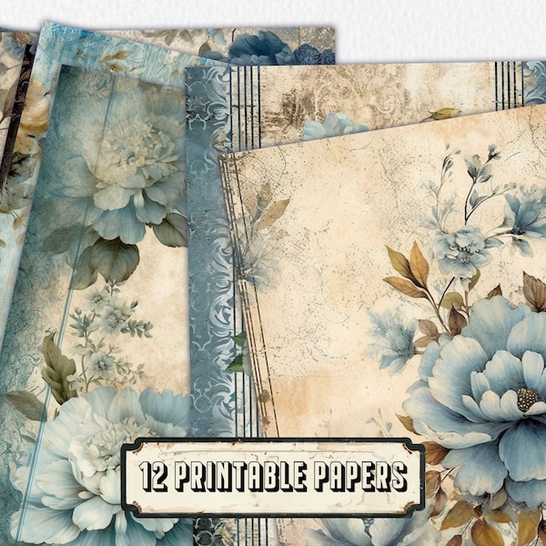 12 muted blue Journal Pages, Junk Journal Kit, Basic Papers, Printable Shabby Pages,Rose Paper Vintage, Collage sheet,Scrapbook Paper