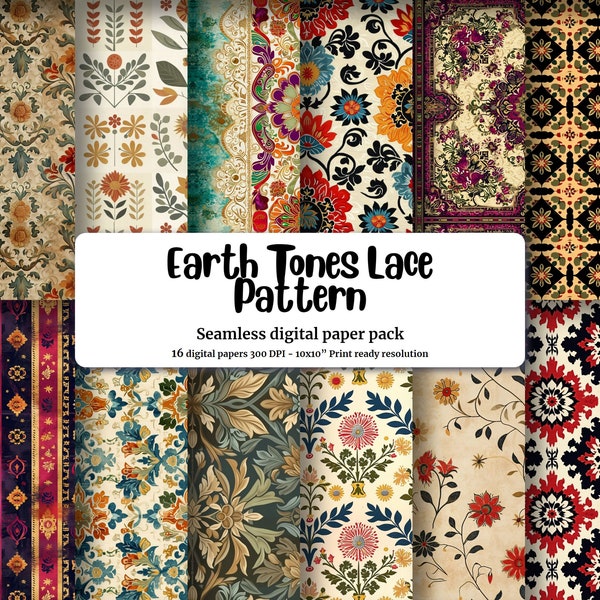 Complex Lace Inspired Seamless Pattern in Earth Tones, Terracotta Red, Olive Green, Mocha Brown, Electric Purple, Mango Orange