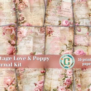 Vintage Liebesbrief und Mohnblumen Scrapbooking Papiere - Shabby Chic Junk Journal Kit mit Rosen, Pfingstrosen, romantische Postkarten Designs