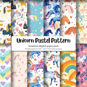Whimsical Children's Cartoon Unicorn Seamless Pattern in Pastel Colors for Tiling, Hand Drawn Illustration with Hearts, Rainbows