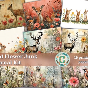 Kit di diario digitale spazzatura fauna del prato di fiori selvatici / documenti di scrapbooking stampabili, oggetti effimeri Shabby Chic, kit di diario