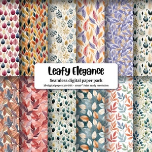 Gentle Leaf Digital Paper - Watercolor Illustration Style with Limited Color Palette, Line Art, Seamless Texture for Crafts, Scrapbooking