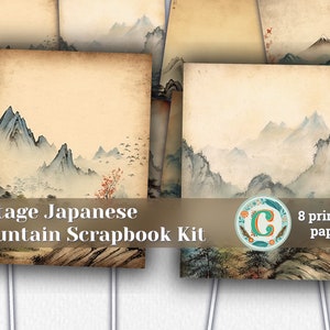 Papiers de scrapbooking vintage avec une belle bordure de montagne japonaise - aquarelle, détails élevés, peints à la main - éphémères shabby chic