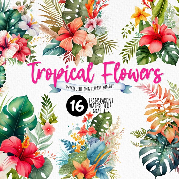 Exotic Blooms: Vibrant Tropical Flower Clipart Set for Invitations, Cards, and Crafts - High Quality PNG Images digital clipart graphics