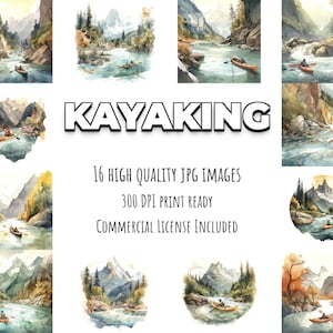 Kayaking - 16 High Quality JPG images - Commercial Use Digital Download, Digital Planner, Journaling, Watercolor, Wall Art