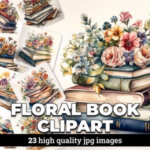 Open boek met bloemen aquarel clipartafbeeldingen - 23 JPG's met commerciële licentie, Floral digitale download voor scrapbooking, kaart maken