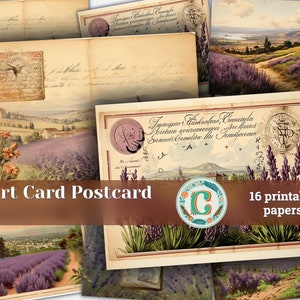 Vintage Hofkarte Postkarten Set - Feiern Sie den Blick auf den Hügel des Lavendelfeldes 1897 mit Briefmarken - Scrapbooking Papiere, Junk Journals