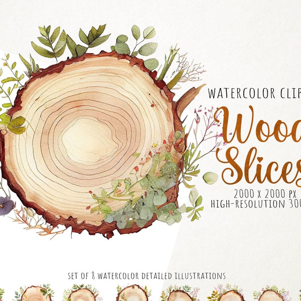 Wood Slice Design, Rustic Wood Slice Clipart, Watercolor Wood Slice Clipart, Rustic Woodland Clipart, Rustic Wedding Invitation, png clipart