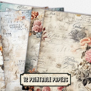 12 vintage floral Journal Pages, Junk Journal Kit, Basic Papers, Printable Shabby Pages,Rose Paper Vintage, Collage sheet,Scrapbook Paper