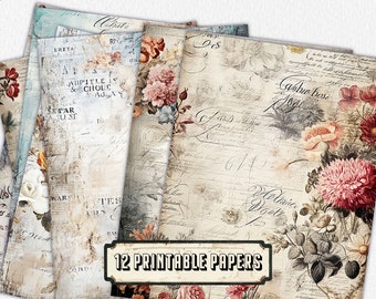 12 páginas de diario florales vintage, kit de diario basura, documentos básicos, páginas en mal estado imprimibles, papel rosa vintage, hoja de collage, papel de álbum de recortes