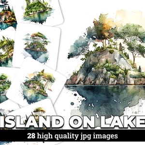 Island on Lake - 28 High Quality JPG images - Commercial Use Digital Download, Digital Planner, Journaling, Watercolor, Wall Art