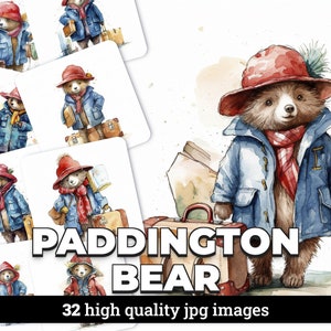 32 Watercolor Paddington Bear Clipart Images with Commercial License Included - Instant Download, Printables, Digital Illustrations