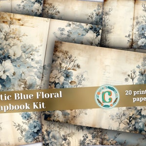 20 Pages of Rustic Soft Blue Floral Scrapbook Paper, Junk Journal kit Perfect for Invitations, Digital Planners, Journaling, Junk Journals
