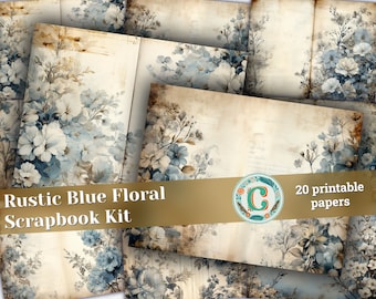 20 páginas de papel de álbum de recortes floral azul suave rústico, kit de diario basura perfecto para invitaciones, planificadores digitales, diarios, diarios basura