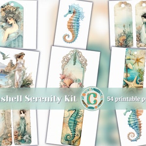 Seashell Serenity - Papeles de Scrapbooking imprimibles para diarios basura, diseños Shabby Chic e invitaciones - Playa, Océano, Colores Pastel