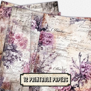 12 pagine di diario floreale rosa, kit per diario spazzatura, documenti di base, pagine squallide stampabili, carta con rose vintage, foglio di collage, carta album