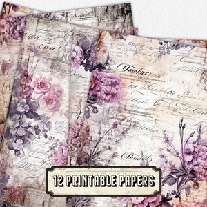 12 pink floral Journal Pages, Junk Journal Kit, Basic Papers, Printable Shabby Pages,Rose Paper Vintage, Collage sheet,Scrapbook Paper