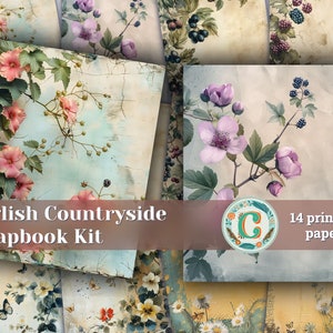 Confezione di carta per album vintage shabby chic, morbidi toni grigi, blu, rosa, verdi, tipografia, sfondo antico, tema della fauna selvatica della campagna inglese