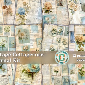 12 Papiere | Vintage Cottagecore Scrapbooking Kit | Französische Schrift & Briefmarken Designs | Shabby Chic Journaling | Junk-Journal Zubehör