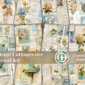 12 papers | Vintage Cottagecore Scrapbooking Kit | French Script & Postal Stamp Designs | Shabby Chic Journaling | Junk Journal Supplies