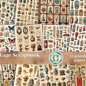 12 papieren | Vintage geïnspireerde handboekstickers Scrapbooking Kit, gedetailleerde Shabby Chic Junk Journal afdrukbare papieren, Journaling Ephemera