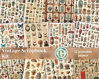 12 papers | Vintage Inspired Handbook Stickers Scrapbooking Kit, Detailed Shabby Chic Junk Journal Printable Papers, Journaling Ephemera