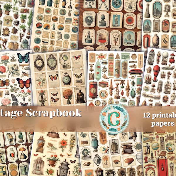 12 Papiere | Vintage inspirierte Handbuch Aufkleber Scrapbooking Kit, detailliertes Shabby Chic Junk Journal druckbare Papiere, Journaling Ephemera