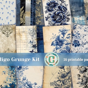 Indigo and Sand Blue Grunge Junk Journal Kit - Printable Scrapbooking Papers - Vintage Shabby Chic Ephemera - Digital Book and Designs