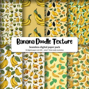 Digital Pattern Paper: Banana Clipart, Doodle Style, Cute Watercolor Illustration, Seamless Texture, Big Elements, Light Background