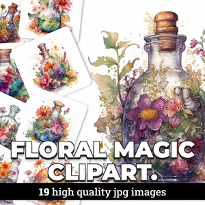 Watercolor Floral Witch's Magic Potion Clipart - 19 JPG Images with Commercial License for Digital Art, Scrapbooking, Invitations and More