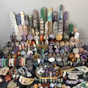 Crystal Stone Mystery Boxes, Spheres, Towers, palm stones, crystal hearts, crystal stars, crystal skull, crystal carving, healing stones