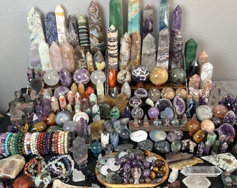 Crystal Stone Mystery Boxes, Spheres, Towers, palm stones, crystal hearts, crystal stars, crystal skull, crystal carving, healing stones