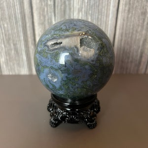 Rare Druzy Blue Moss Agate Sphere – Large Crystal Ball with Druzy Quartz Inclusions | Healing Crystal, Meditation Stone, Home Décor