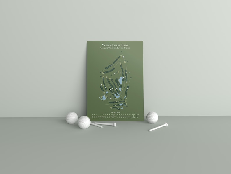 May include: A green poster with a golf course map and the text "Your Course Here - Custom Course Maps to Order". The poster is on a gray surface with three white golf balls and three white golf tees.