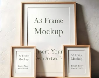 Triple Wooden Frame Mockup: A3 and A5 Frames (PSD, JPEG, PNG)