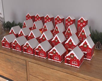 Calendario de Adviento imprimible de Casas Navideñas Rojas (PDF DIY)
