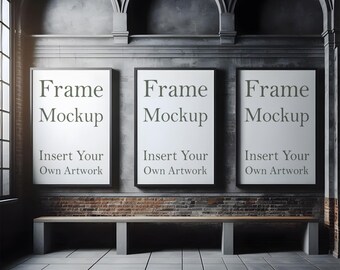 Triple Frame Mockup: Industrial Style Poster Art (PSD, JPEG, PNG)